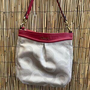COACH Ashley Dotted Op Art Beige Jacquard & Red Leather Shoulder Bag F20088